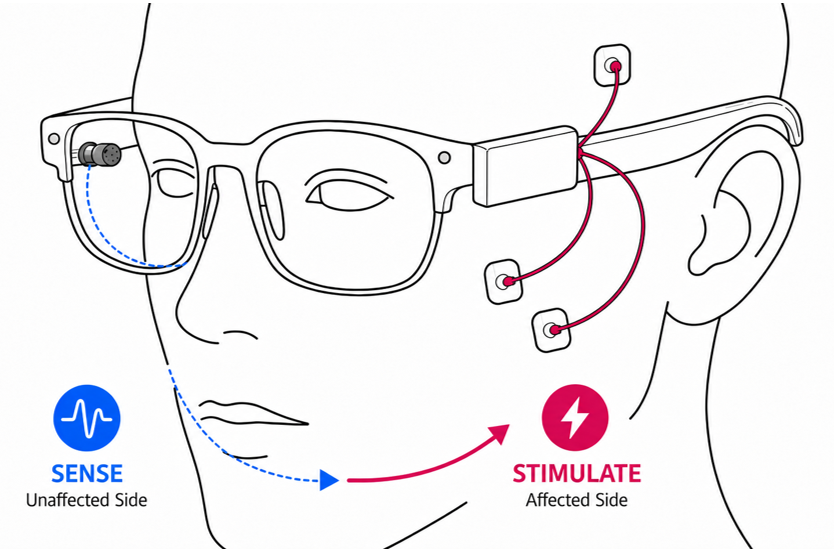 Concept illustration of glasses sensing movement on the unaffected side and triggering surface stimulation on the affected side.