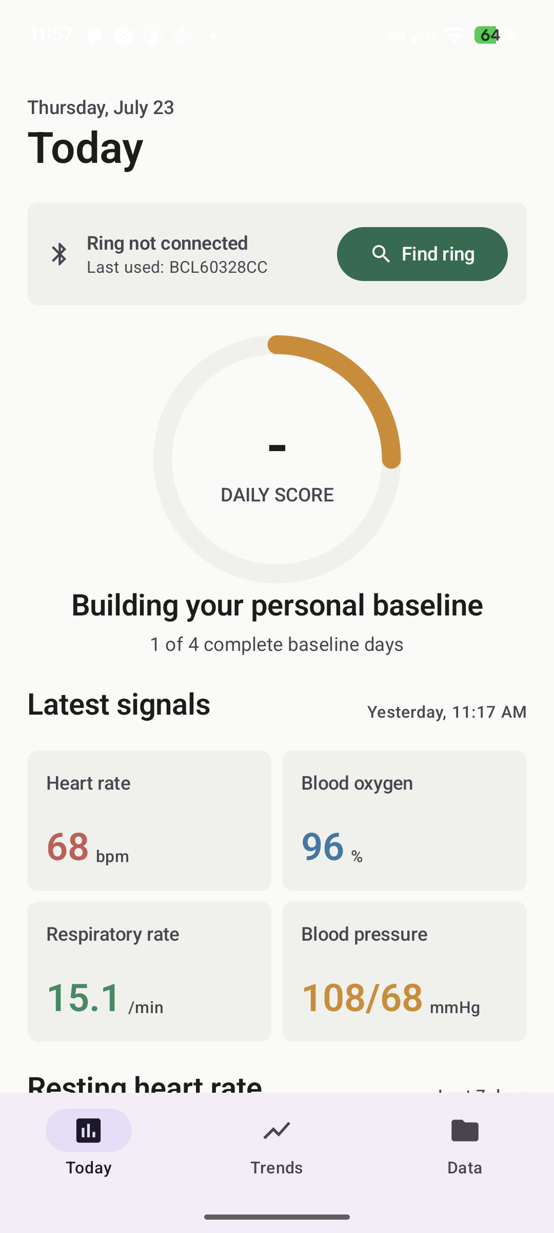 OpenRing Companion showing daily health summaries and longer-term trends on Android.