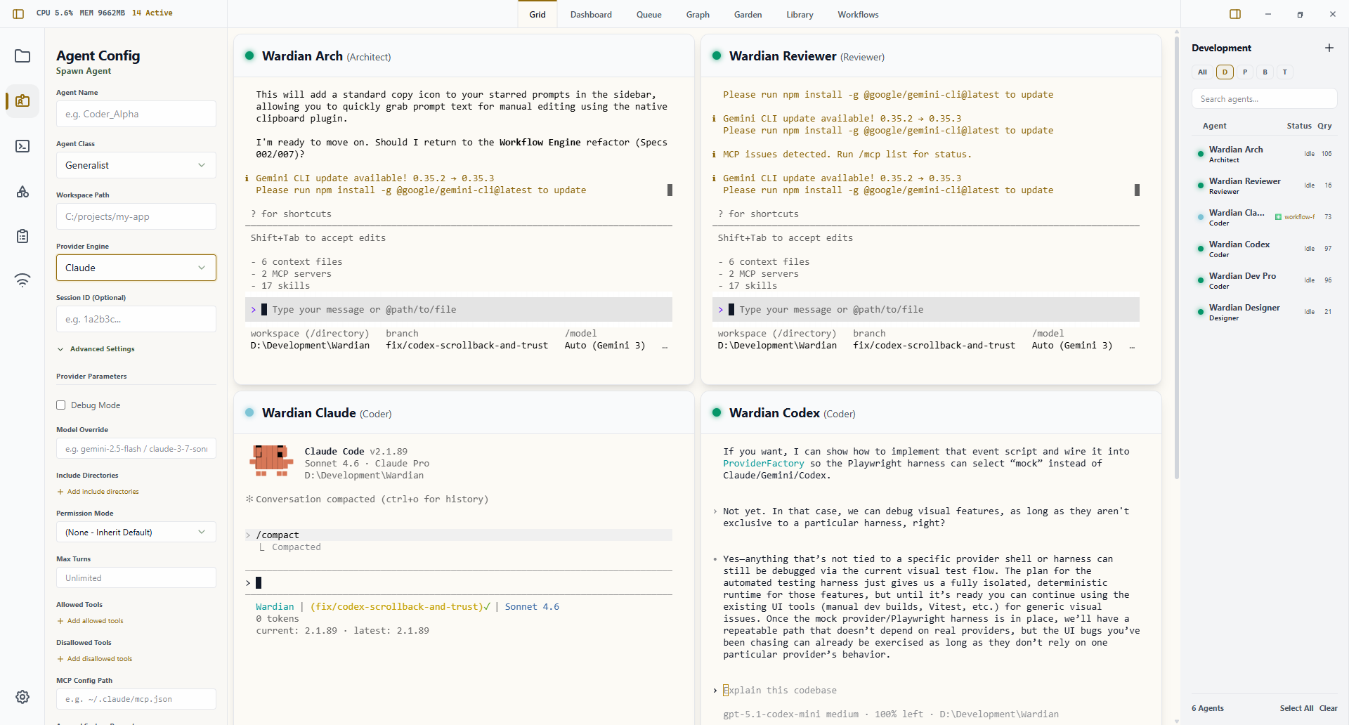 Wardian workbench showing multiple coding agents and project surfaces in one desktop workspace.